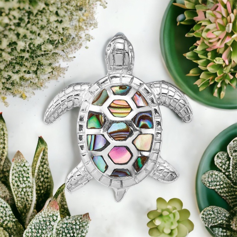 925 Sterling Silver Rhodium-plated Abalone Turtle Necklace Slide Charm Pendant